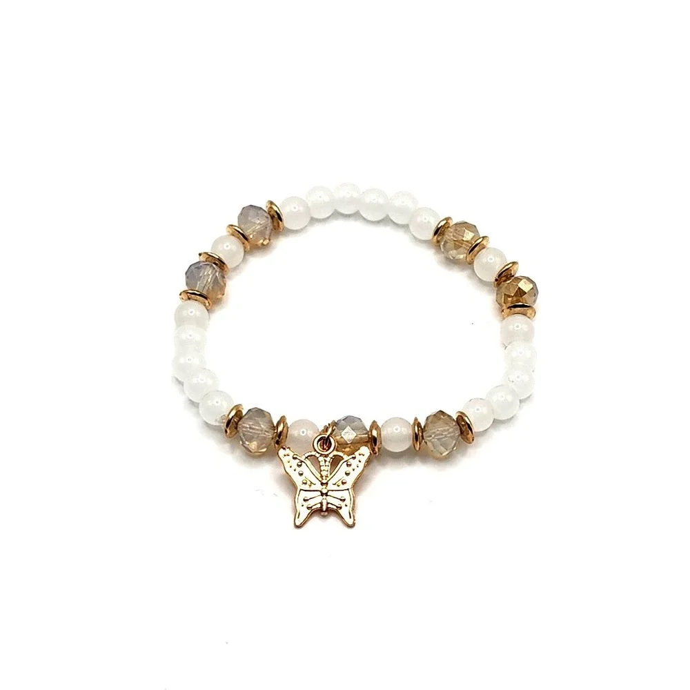 Gold Tone Butterfly Charm Beaded Bracelet Women's Stretch Frosted Beads New - Picture 3 of 3